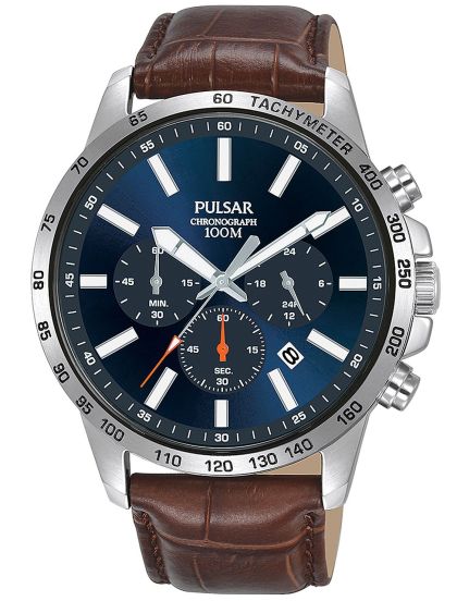 Pulsar men's chronograph watch with blue leather strap hotsell