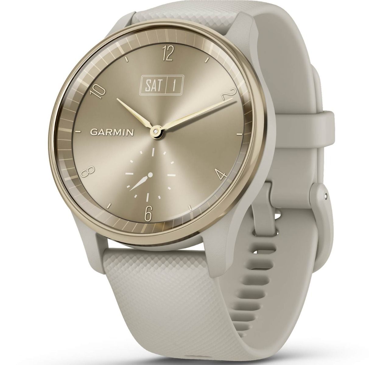 Garmin Venu 3S Soft Gold Stainless Steel Bezel and French grey Leather