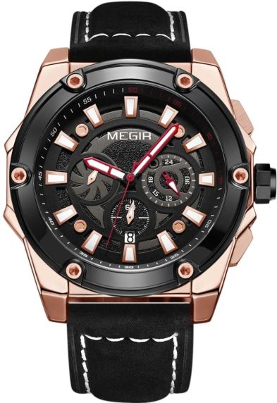 Megir Turbine Chronograph Rose Black Leather 2122